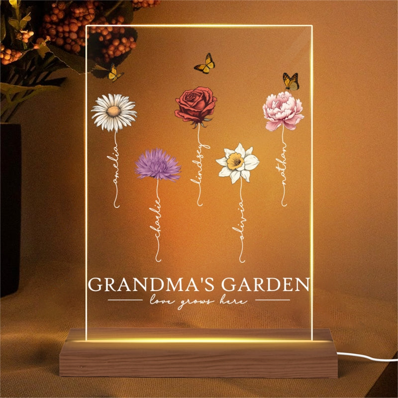 Grandma‘s Garden Love Grows Here Beautiful Birth Month Flower Gift For Grandma Mom - Personalized Acrylic Block Plaque LED Night Light - Gift For Grandma Mom