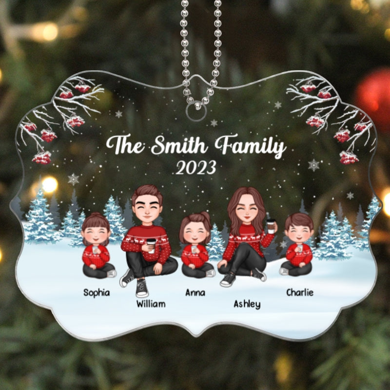 Christmas Berry Tree Cute Family Dad Mom Kids Dogs Cats Sitting In Snow Personalized Acrylic Ornament