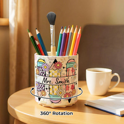 Teacher Life Doodle Pattern Personalized Rotating Pen Holder, Teacher Appreciation Gift, Back To School Gift