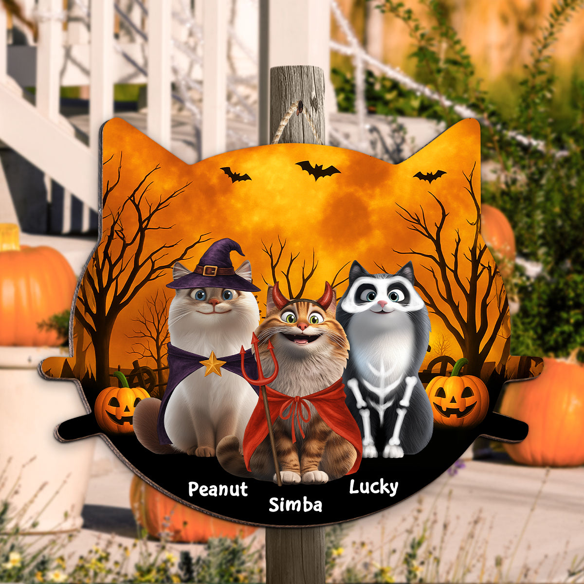 Halloween Cat Face Shaped Personalized Wooden Door Sign, Halloween Decor for Cat Lovers, Cat Moms, Cat Dads