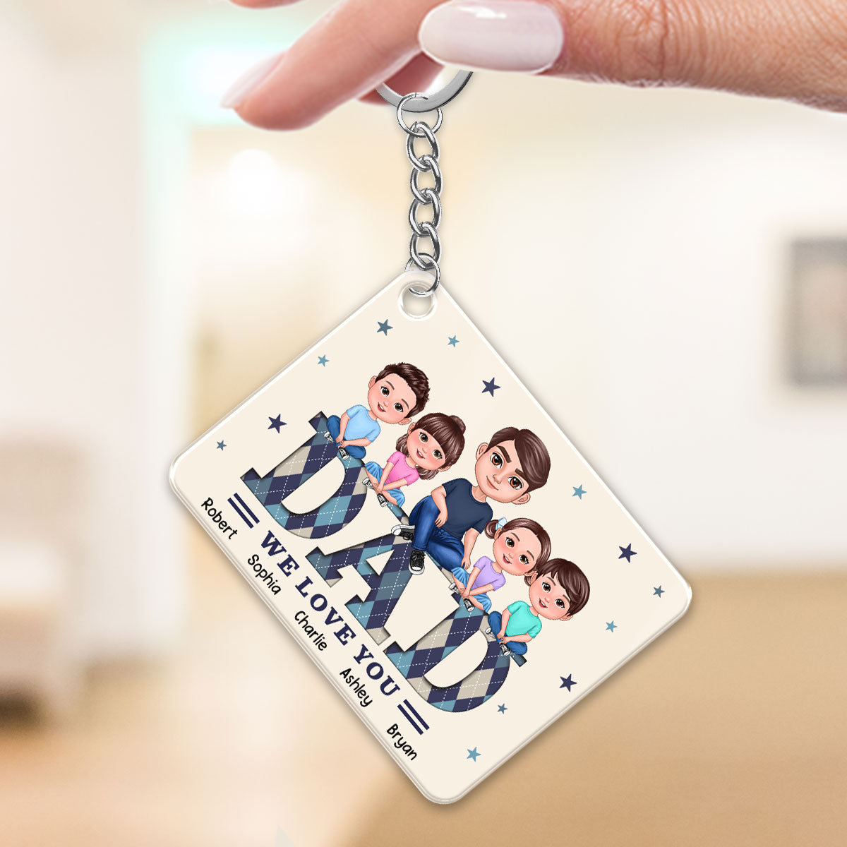 Doll Man Dad And Kids Argyle Pattern Personalized Acrylic Keychain