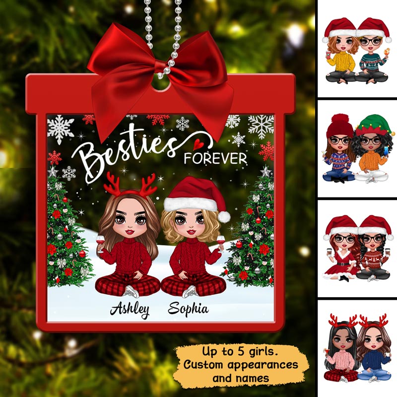 Doll Besties Sisters Sitting In Gift Shape Personalized Acrylic Ornament