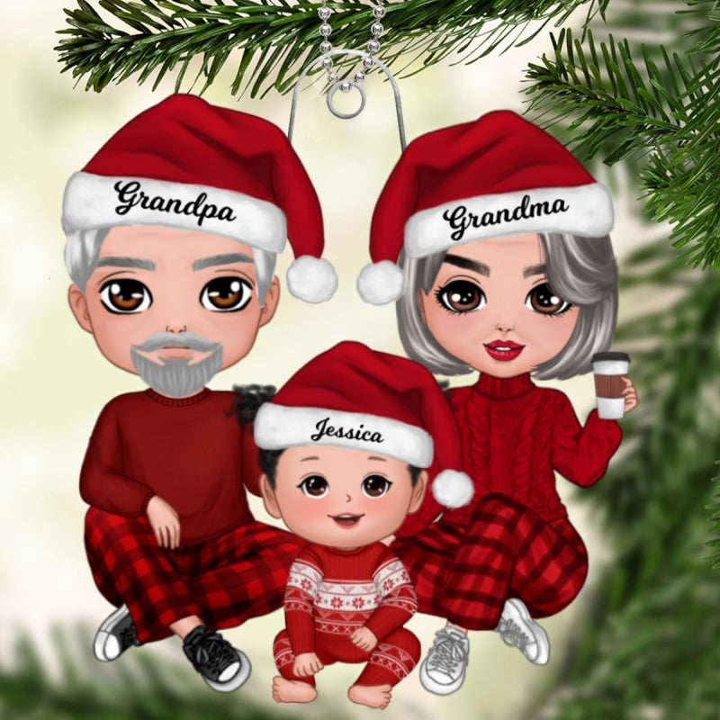 Christmas Doll Grandma Grandpa Sitting With Granddaughter Grandson Personalized Acrylic Ornament