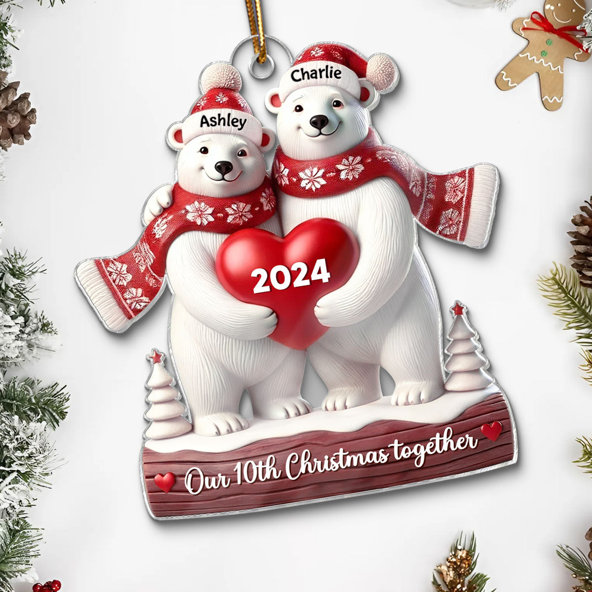 3D Effect Polar Bears Couple Christmas Personalized Ornament, Christmas Gift For Him, For Her