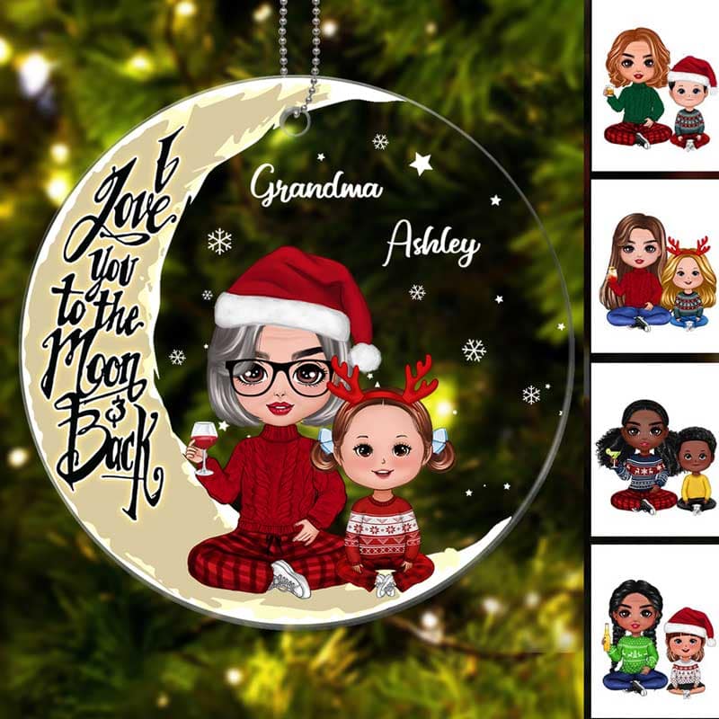 Doll Grandma & Grandkids On Yellow Moon Snow - Personalized Ornament