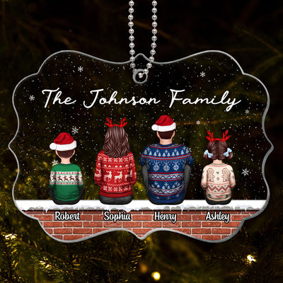 Family Back View Sitting On Brick Wall In Snow Personalized Acrylic Ornament