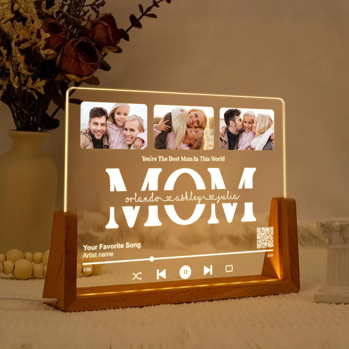 Customize with a Song That Speaks Your Heart, Personalized Photo LED Night Light, Gift for Mom, Scannable QR Code