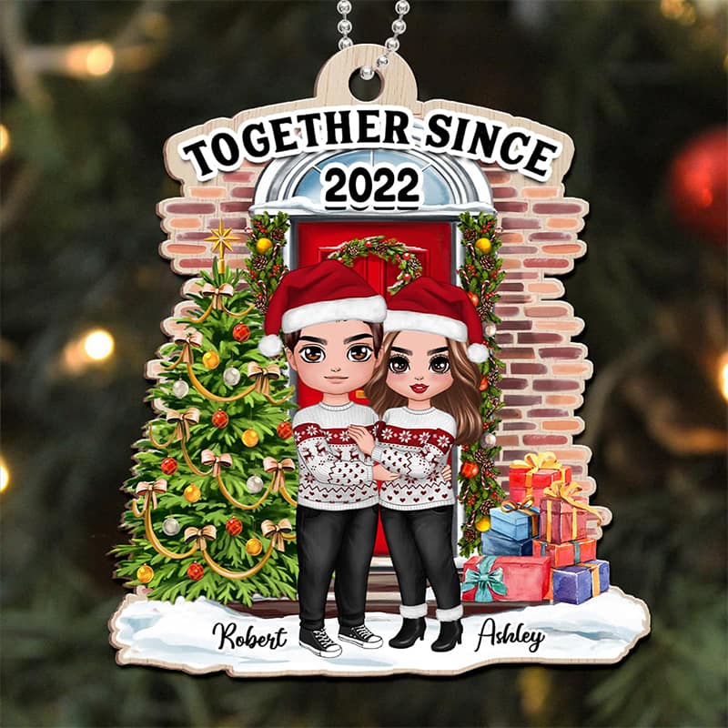 Doll Couple Hugging At The Front Porch Christmas Personalized Wooden Ornament