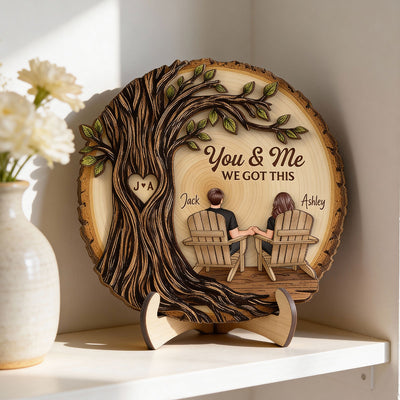 Couple Sitting Under Heart Carved Tree - Personalized 2-Layered Wooden Plaque - Valentine's Day Gift For Couple