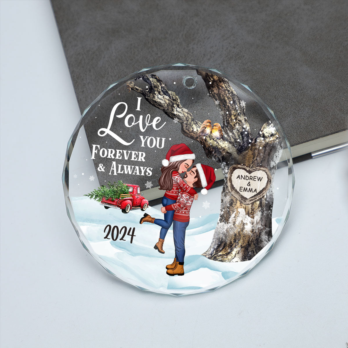 Couple Hugging Kissing Carved Heart Tree Personalized Glass Ornament, Christmas Gift For Him, For Her