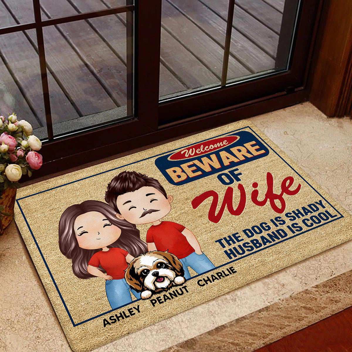 Beware Of Wife Dogs Are Shady Husband Is Cool Watercolor Couple Personalized Doormat
