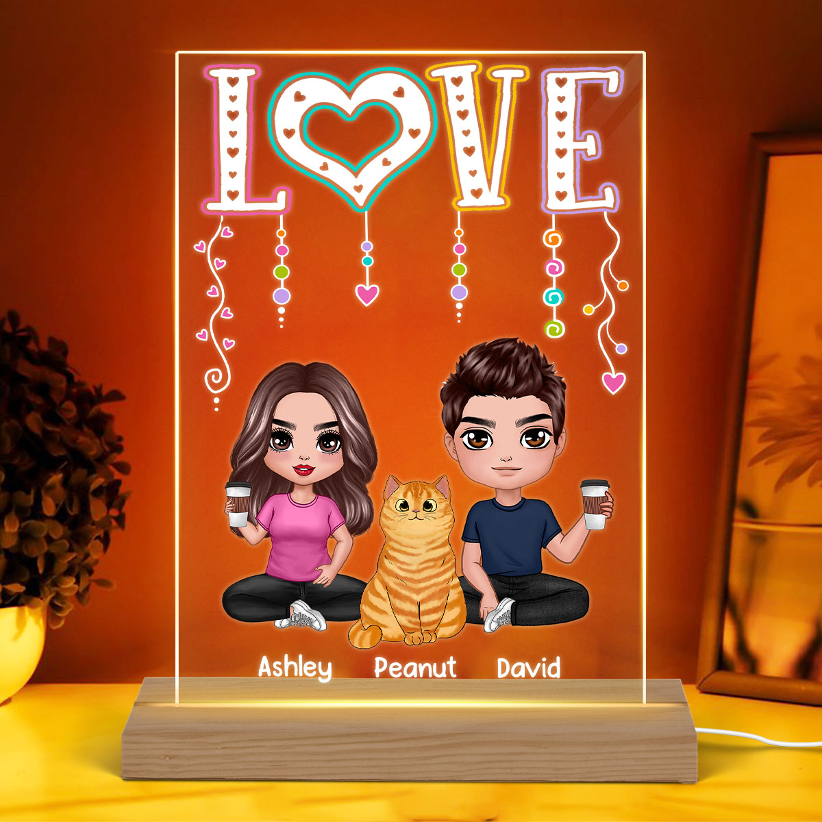 LOVE Happy Doll Man Woman Couple With Cats You Me And The Cats Personalized Rectangle Acrylic Plaque LED Night Light