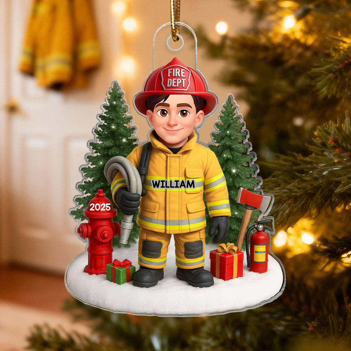 3D Effect Proud Firefighter With Signature Symbols Christmas - Personalized Acrylic Ornament
