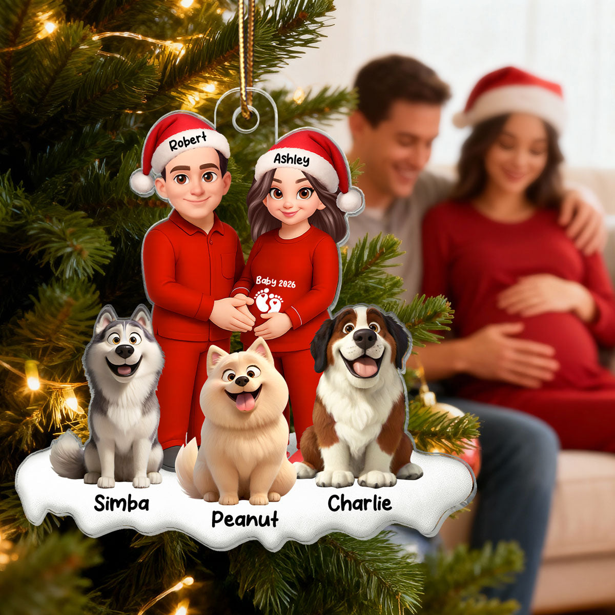 Expecting Parents Christmas Pregnancy Baby Arriving With Dogs - Personalized Acrylic Ornament