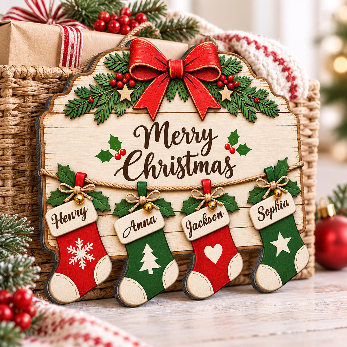 Merry Christmas Family Stockings 2D Flat Printed - Personalized Wood Sign - Christmas Decor For Family, Grandparents