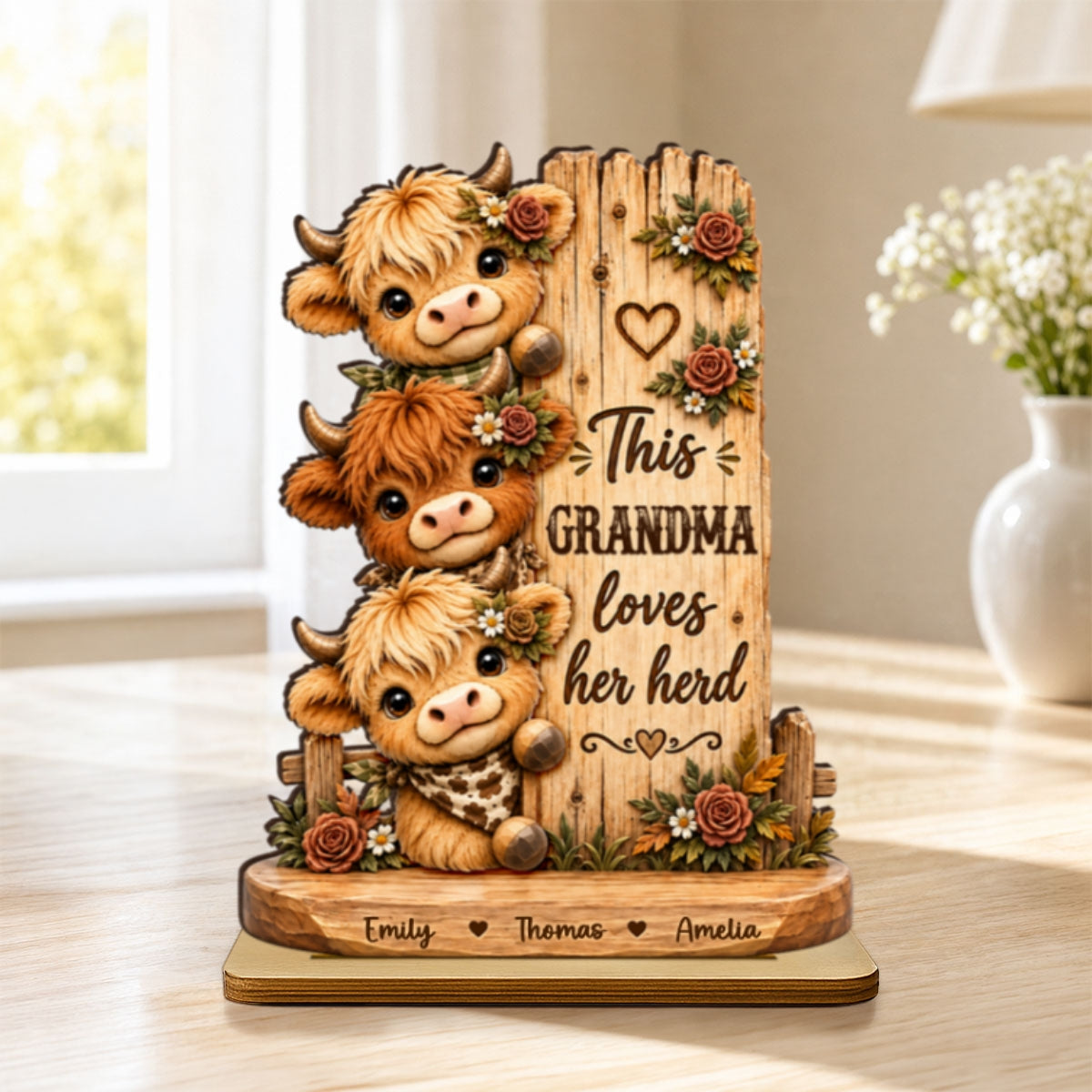 This Grandma Loves Her Herd - Personalized 2-Layered Wooden Plaque - Cozy Fall Decor for Grandma