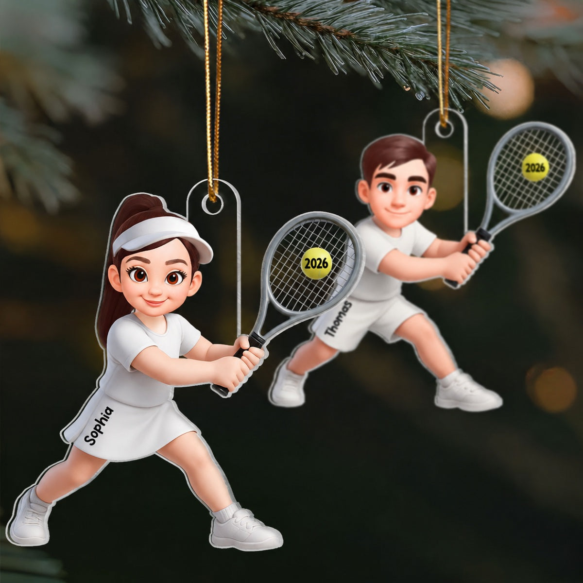 3D Effect Christmas Girl Boy Playing Tennis - Personalized Acrylic Ornament - Gift For Tennis Players, Grandson, Granddaughter