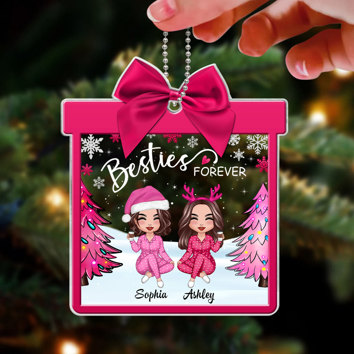 Pink Besties Coquette Personalized Acrylic Ornament, Gift For Best Friends