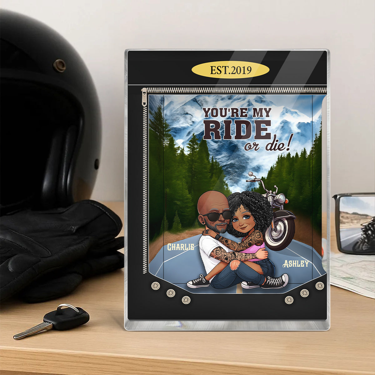 Biker Couples 3D Effect Toy Box Action Figure Personalized Acrylic Block
