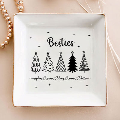 Christmas Trees Outline Besties Sisters Personalized Jewelry Dish, Bridesmaid Gift, Best Friend Flower Ring Dish, Gift for Bestie, Christmas Gifts