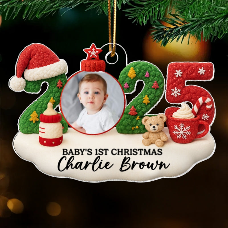 Baby Photo 2025 First Christmas Latch Hook Yarn Faux - Personalized Acrylic Ornament - Christmas Gift for New Parent, Newborn Keepsake