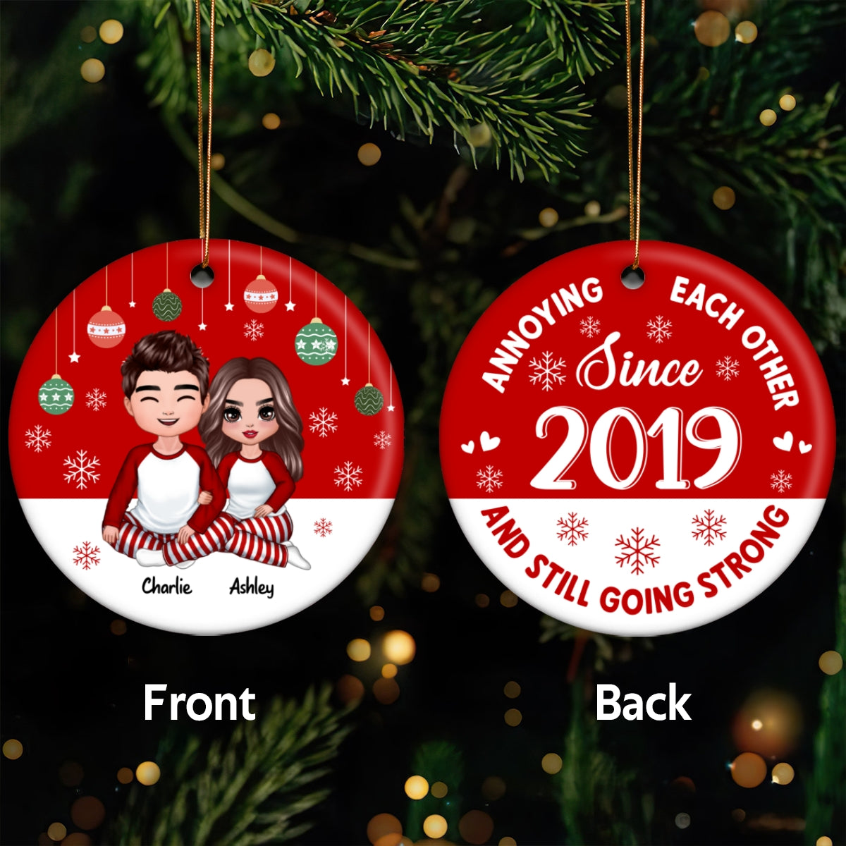 Doll Couple Sitting Hugging Red Background Personalized Double Sided Circle Ornament