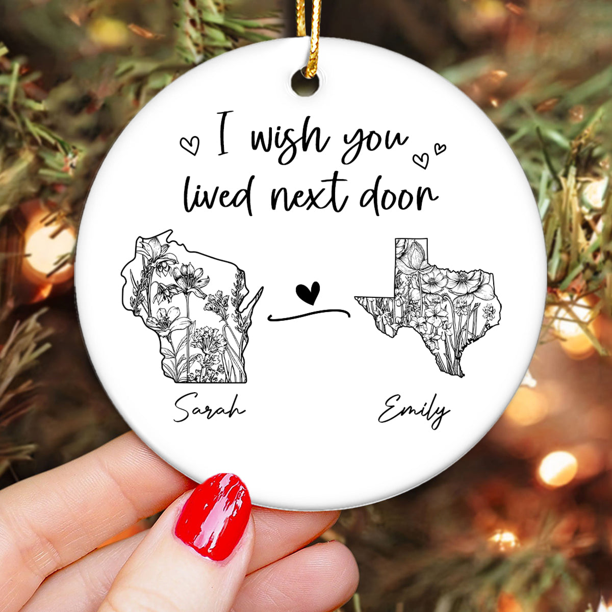 Togetherness Keepsake Long Distance Outline Wildflower State Map Personalized Ceramic Ornament