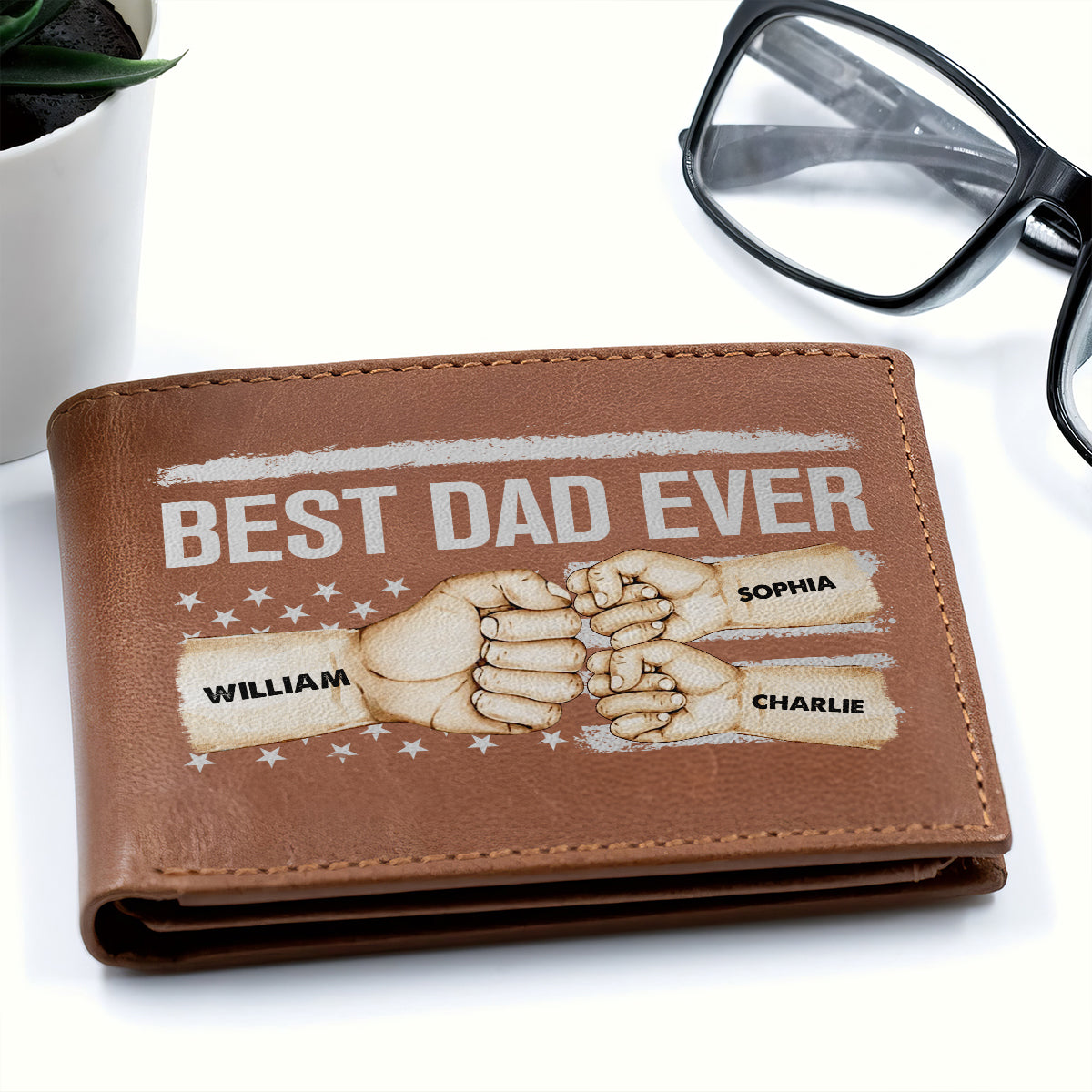 Best Dad Ever Flag Fist Bump Personalized Printed Leather Wallet, Gift For Husband, Dad