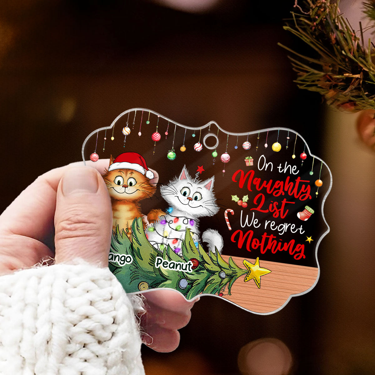 Christmas Quirky Cat On The Naughty List Regret Nothing Personalized Acrylic Ornament, Unique Christmas Gift For For Cat Owners Cat Lovers