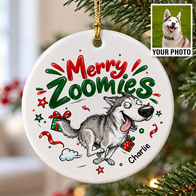 Merry Zoomies Quirky Dog Portrait From Your Custom Pet Photo - Personalized Ceramic Ornament - Funny Christmas Gift For Dog Lover