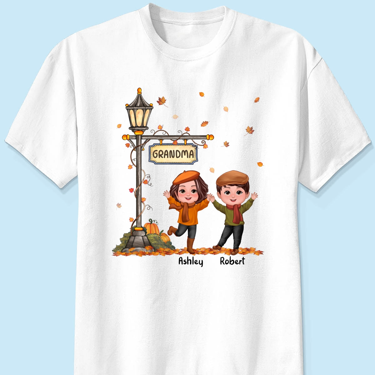 Fall Season Happy Doll Kids Under Lamp Post Personalized Shirt, Fall Season Gift For Grandma