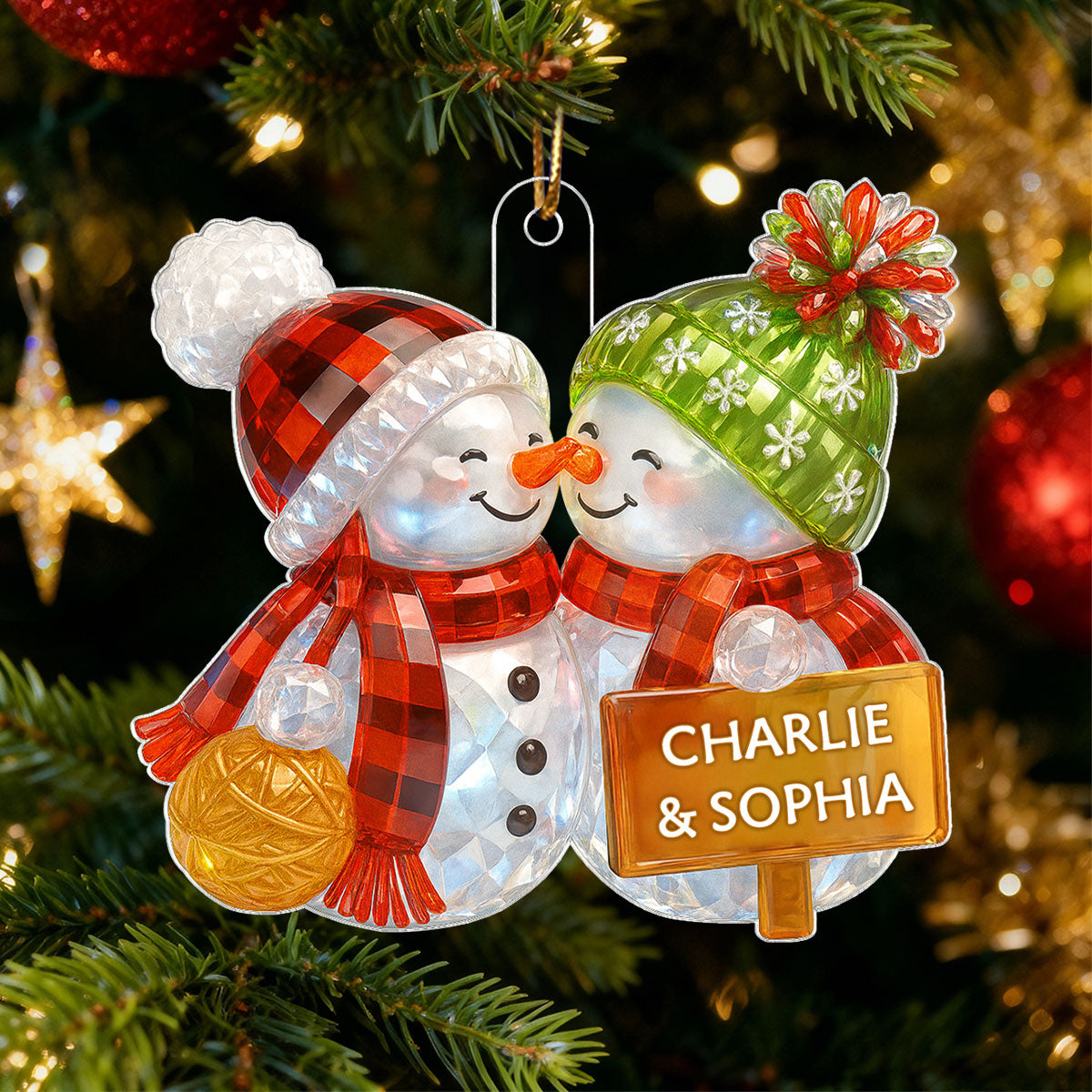 Kissing Snowman Couple 3D Crystal Effect - Personalized Acrylic Ornament