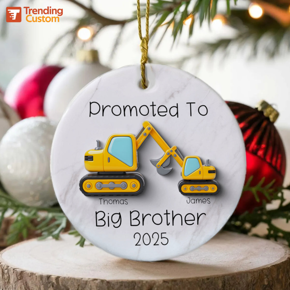 Promoted To Big Brother Big Sister 3D Effect Excavator - Personalized Ceramic Ornament - Proud New Big Siblings Gift