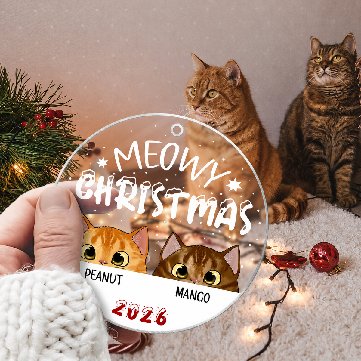 Cat Meowy Christmas Personalized Acrylic Ornament, Custom Cat Breed Ornament, Cat Lover Gift