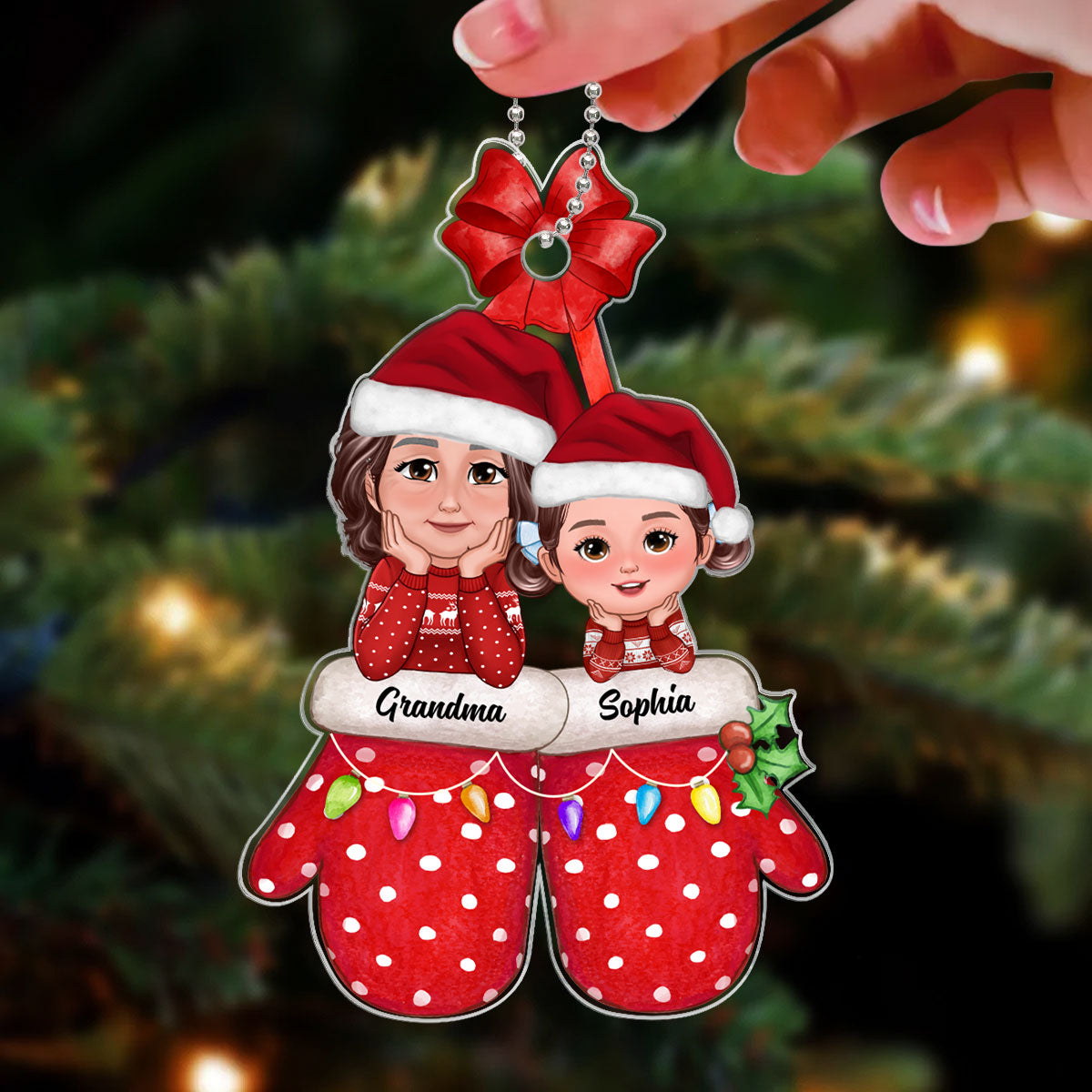 Grandma Grandkid Chin On Hands Christmas Glove Personalized Acrylic Ornament