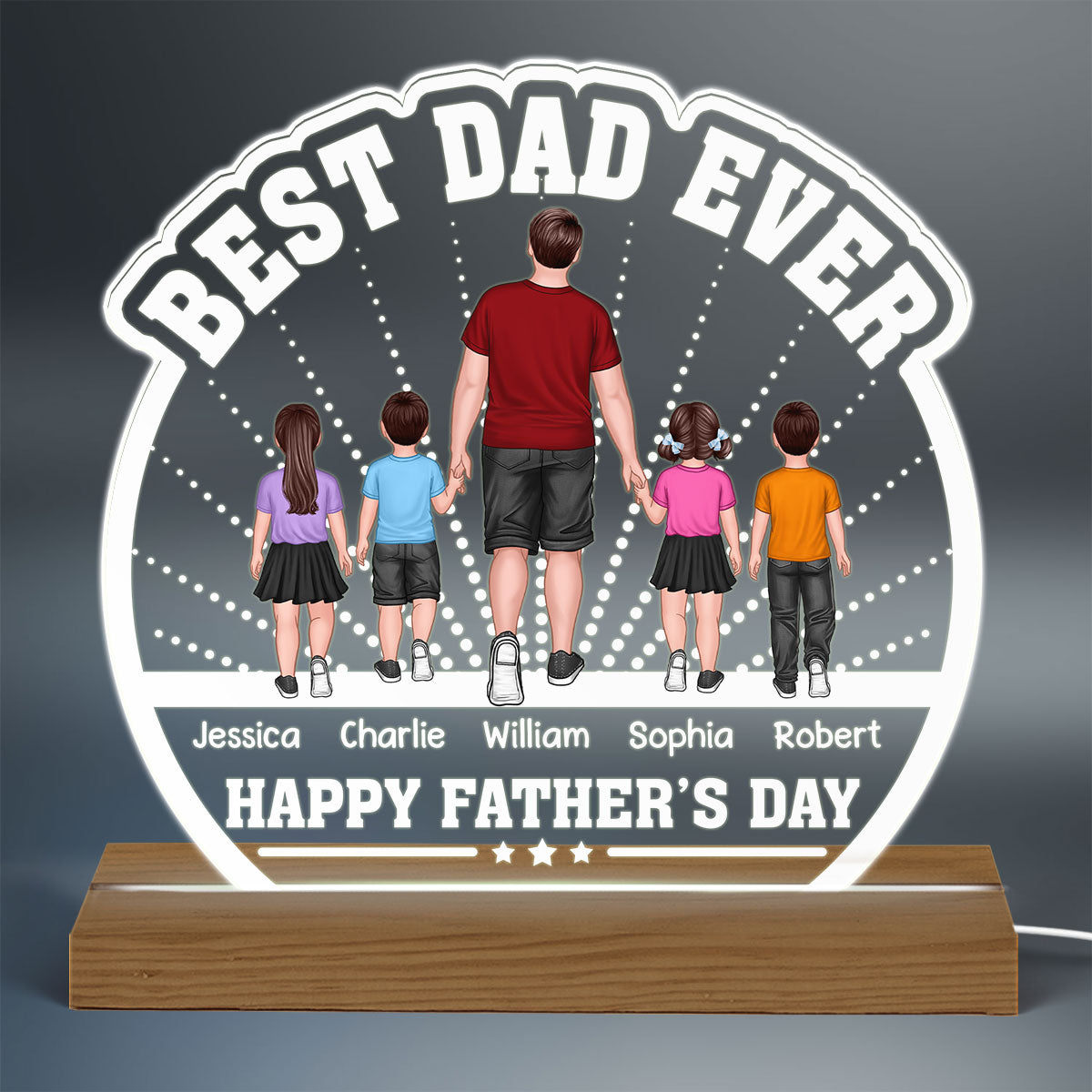 Best Dad Ever Back View Man Walking With Kids Dog Cat Personalized Custom Shaped Acrylic Plaque With Warm LED Night Light