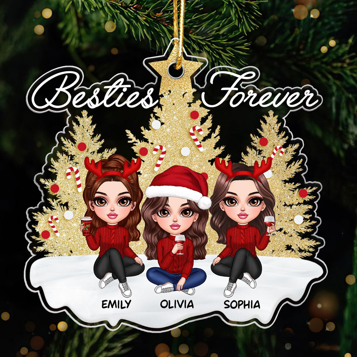Sparkling Christmas Tree Besties Forever Personalized Acrylic Ornament, Christmas Gift For Best Friends