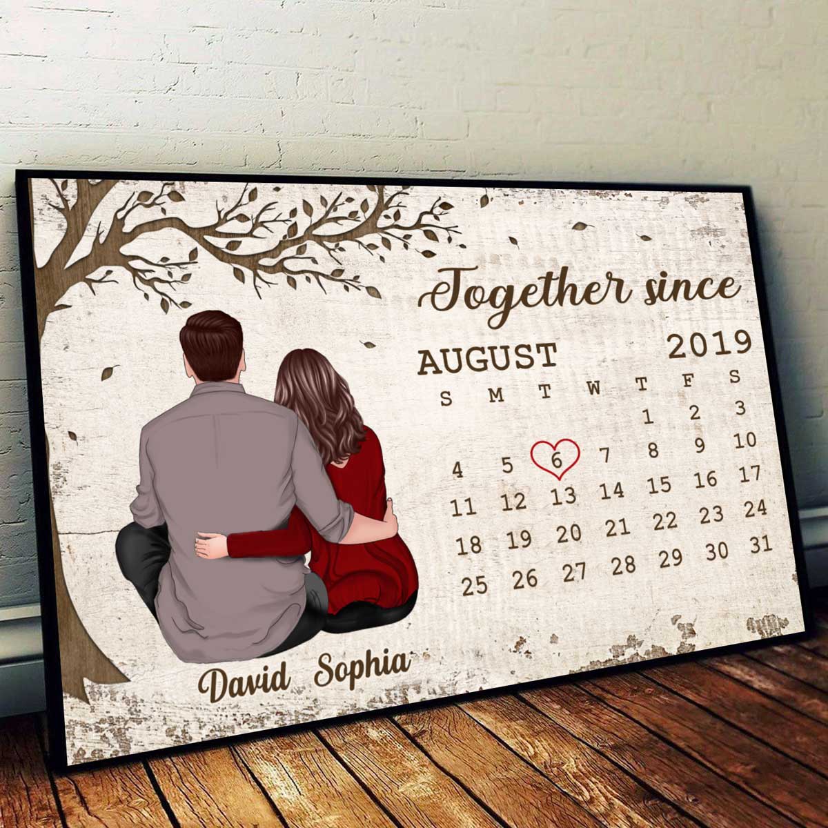 Sitting Hugging Couple Anniversary Calendar Personalized Poster