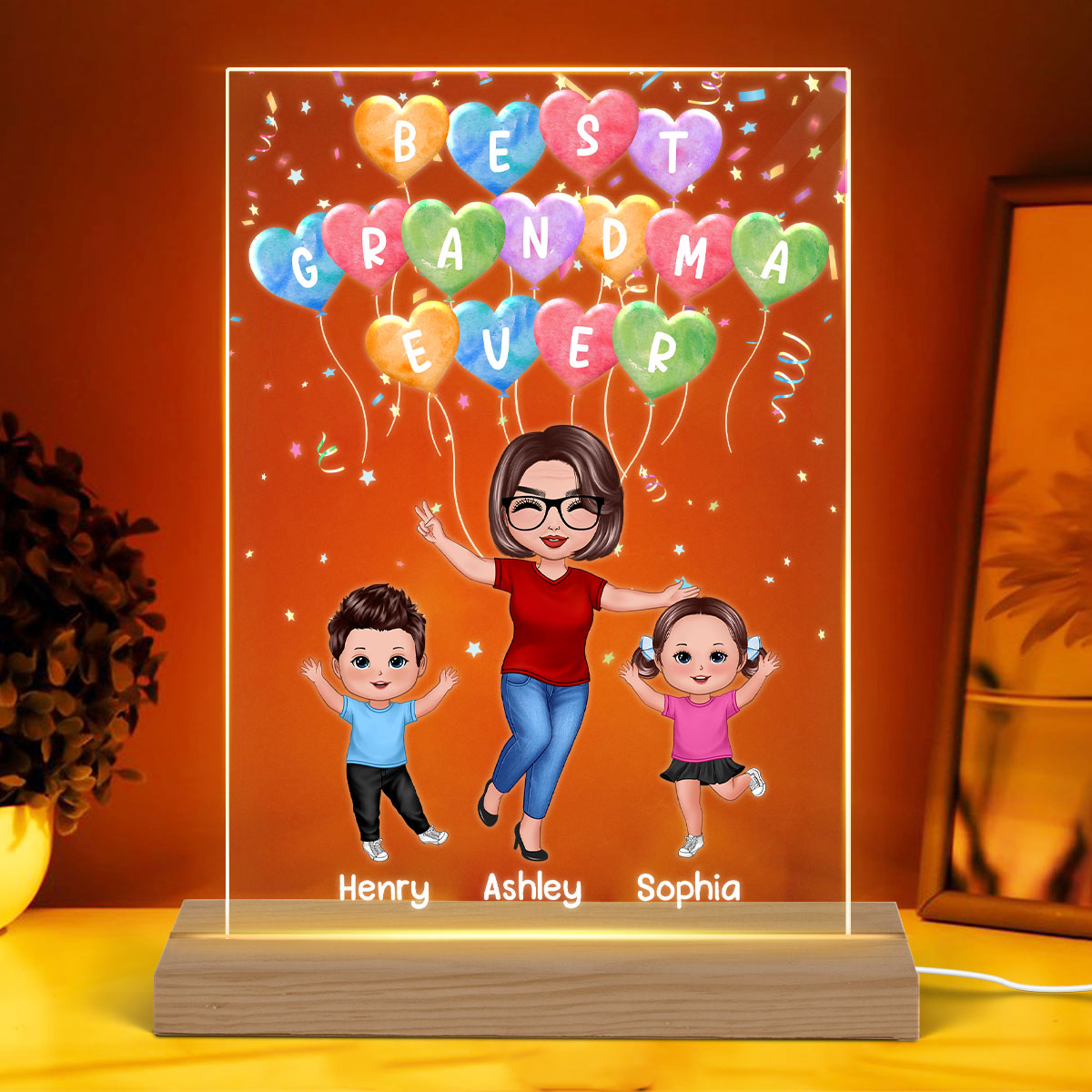 Happy Doll Grandma Grandkids Colorful Balloons Personalized Rectangle Acrylic LED Night Light