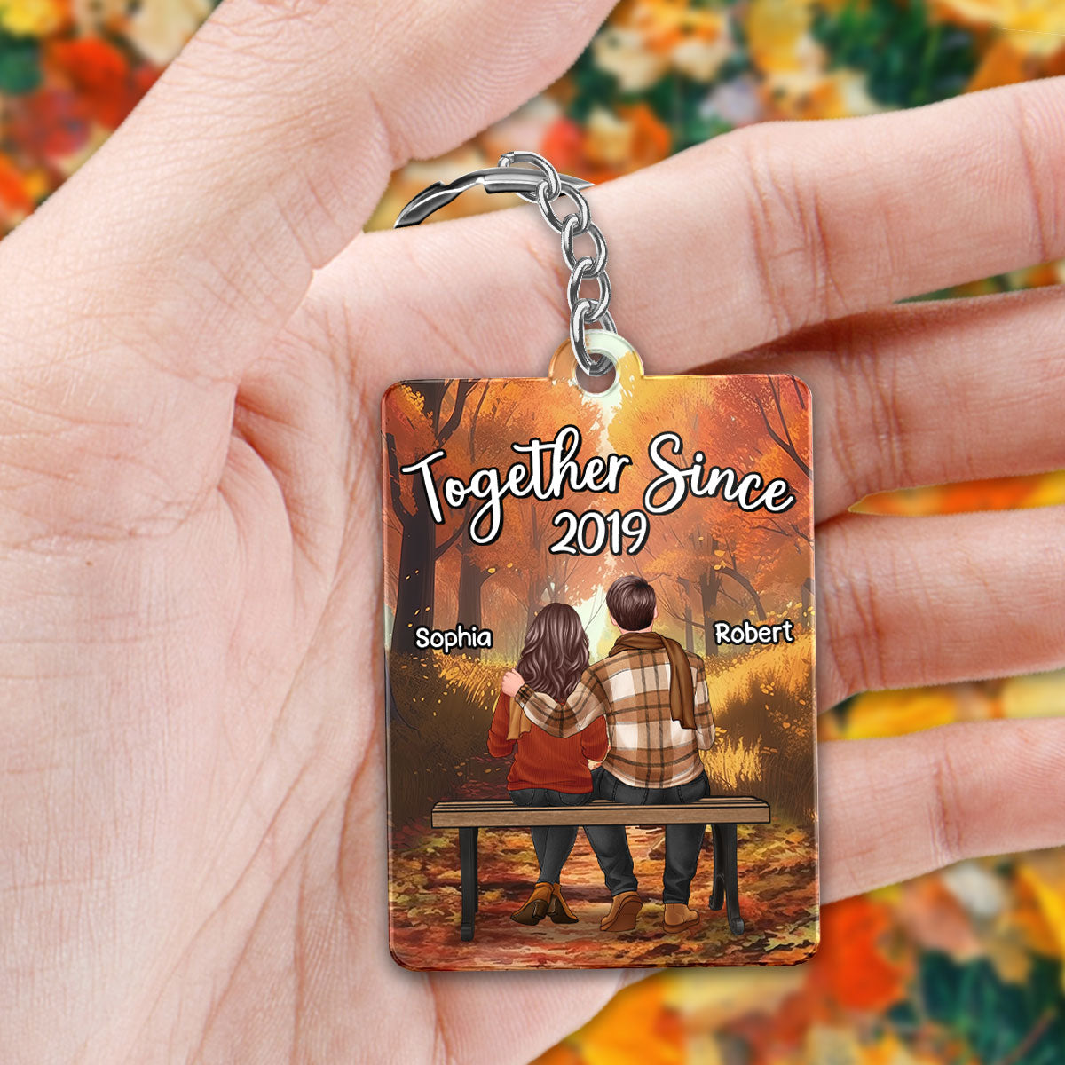 Fall Season Landscape Couple Back View Sitting Favorite Song QR Code Personalized Acrylic Keychain