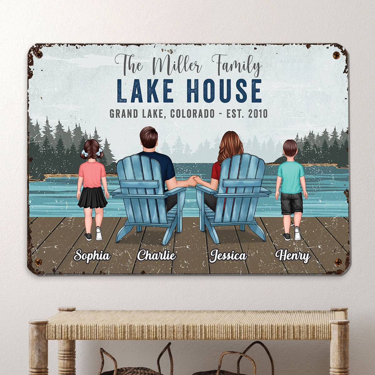 Lake House Sign Family Couple Kid Back View Lake View Personalized Metal Sign