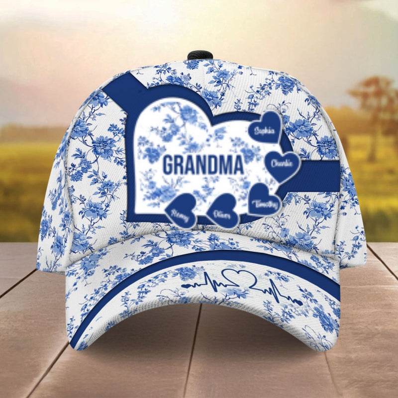 Grandma Mom Blue Heart Floral Chinoiserie Patterned Personalized Cap, Mother's Day gift for Mom, Grandma