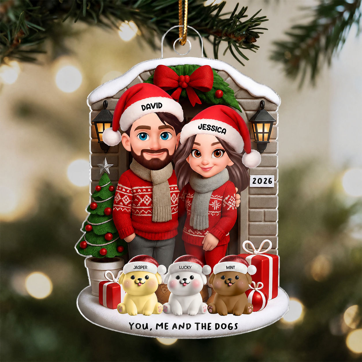 Joyful Couple And Dogs Cats Christmas - Personalized Acrylic Ornament