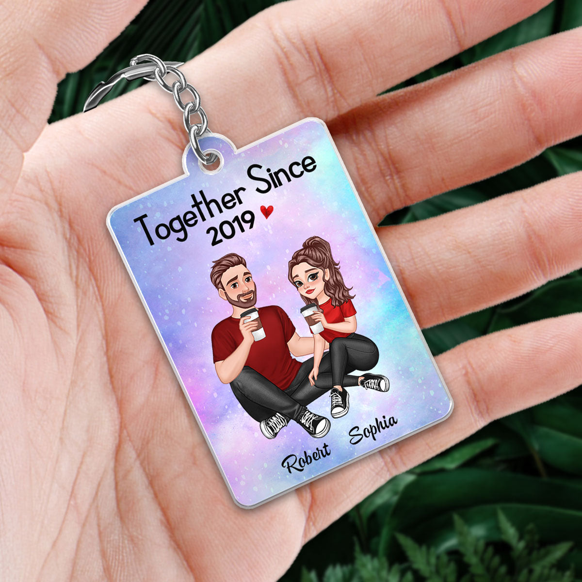 Cartoon Couple Sitting Together Since Favorite Song Scannable QR Code Personalized Acrylic Keychain