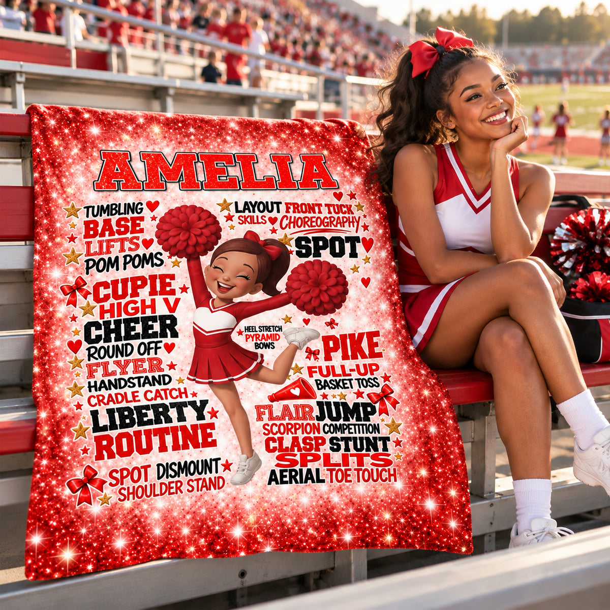 Proud Cheerleader Custom Name Typography Word Art - Personalized Fleece Blanket - Christmas Gift For Cheerleaders, Daughter, Granddaughter