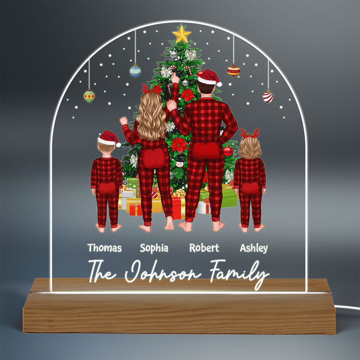 Family Pajamas Couple Kid Dog Cat Decorating Christmas Tree Personalized Custom Shaped Acrylic Plaque With LED Night Light