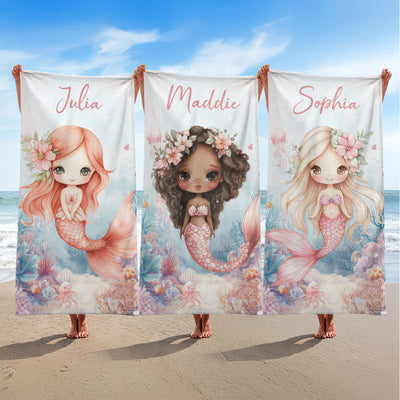 Sea World Cute Mermaid Personalized Beach Towel with Name, Beach Vacation Accessories Gift for Children, Bath Towel
