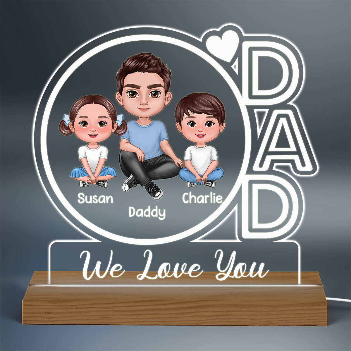 Dad We Love You Doll Man & Kids Personalized Custom Shape Acrylic Plaque With Warm LED Night Light