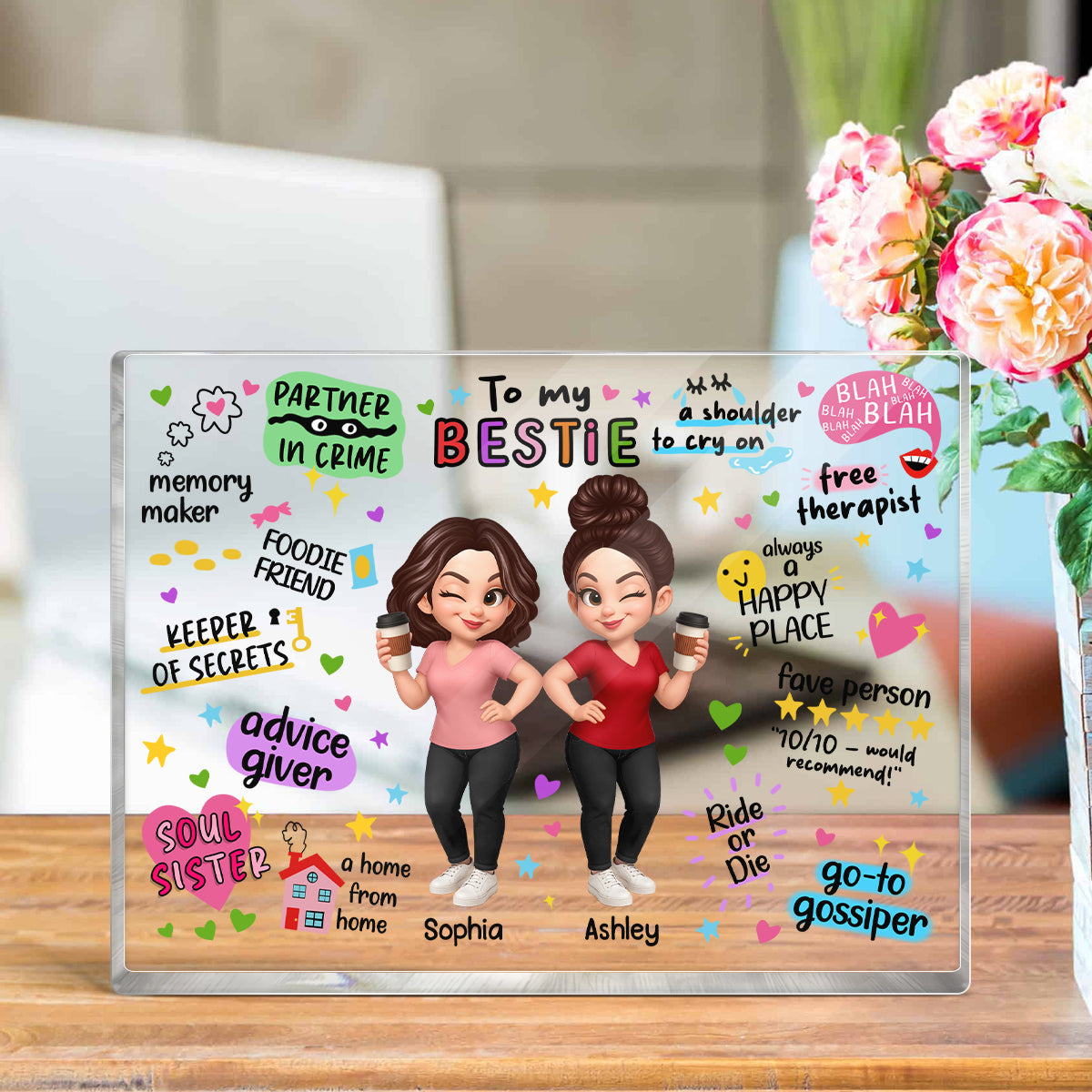 Pretty Besties Sisters Funny Gift Personalized Acrylic Block Plaque