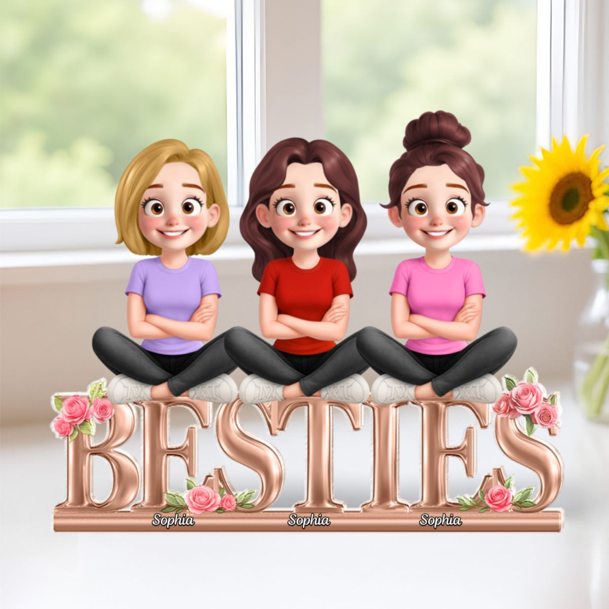 Besties Sisters Sitting On Text 3D Effect Personalized Acrylic Block Plaque